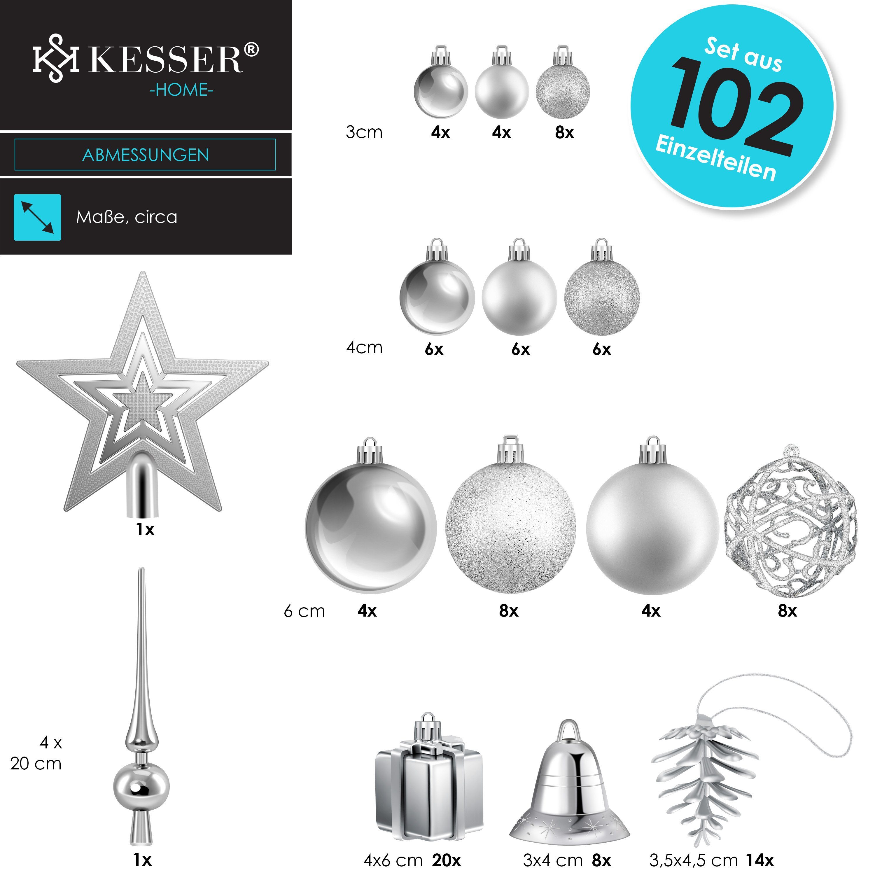 KESSER Christbaumschmuck (102-tlg), Weihnachtskugeln 102-teiliges Set Baumspitze Christbaumkugeln