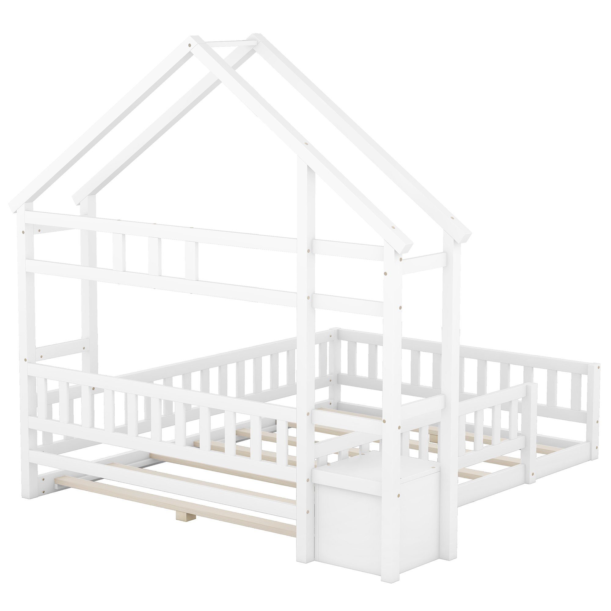 Merax Holzbett, mit Nachttisch und Rausfallschutz, Kinderbett 140x200 cm, Hausbett