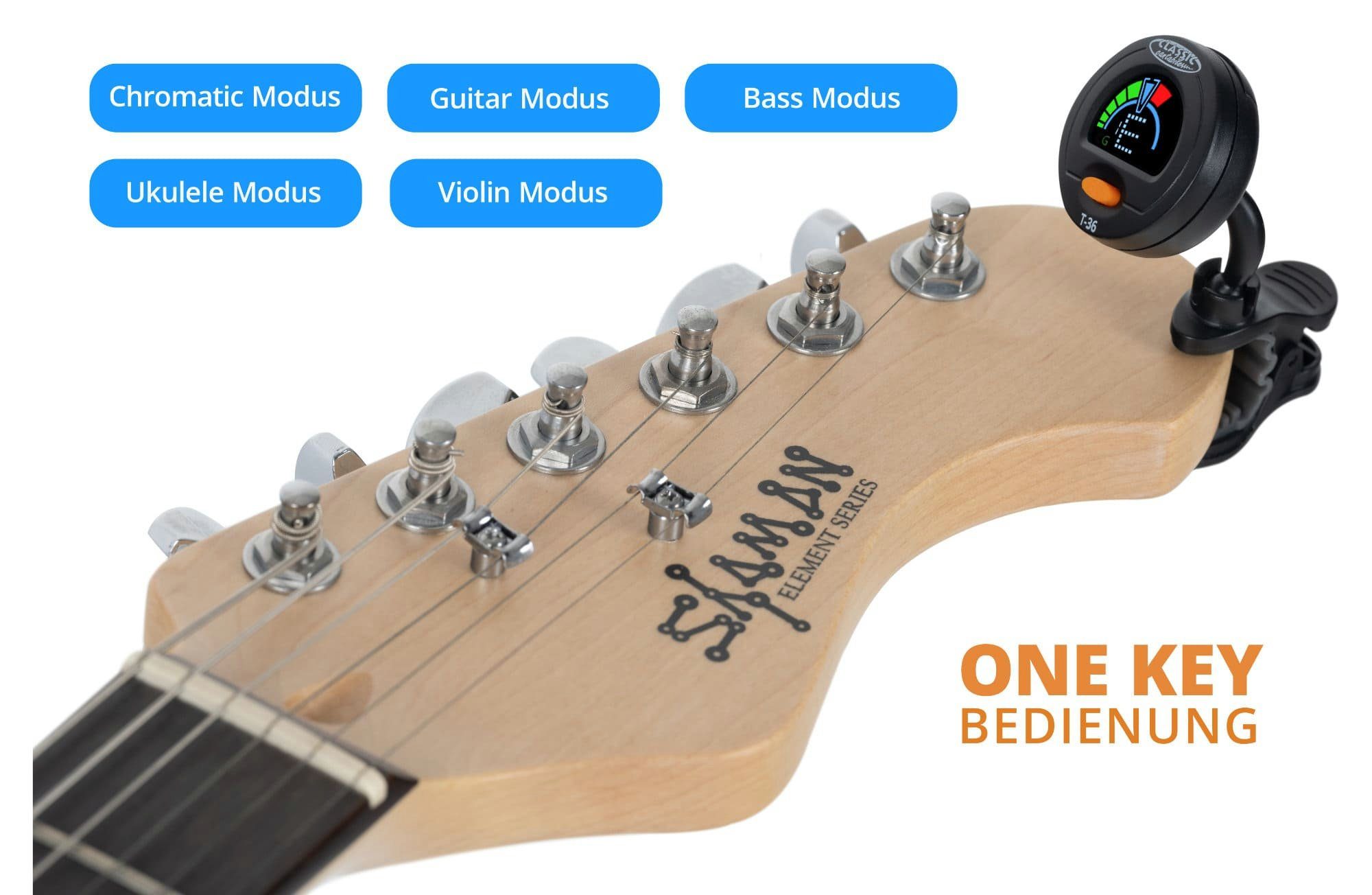 Classic Cantabile Stimmgerät T-36 Mini-Multi-Color Clip Tuner, (inkl. Knopfbatterie, 2-tlg), mit 5 Stimmmodi - geeignet für Gitarre, Bass, Ukulele & Violine