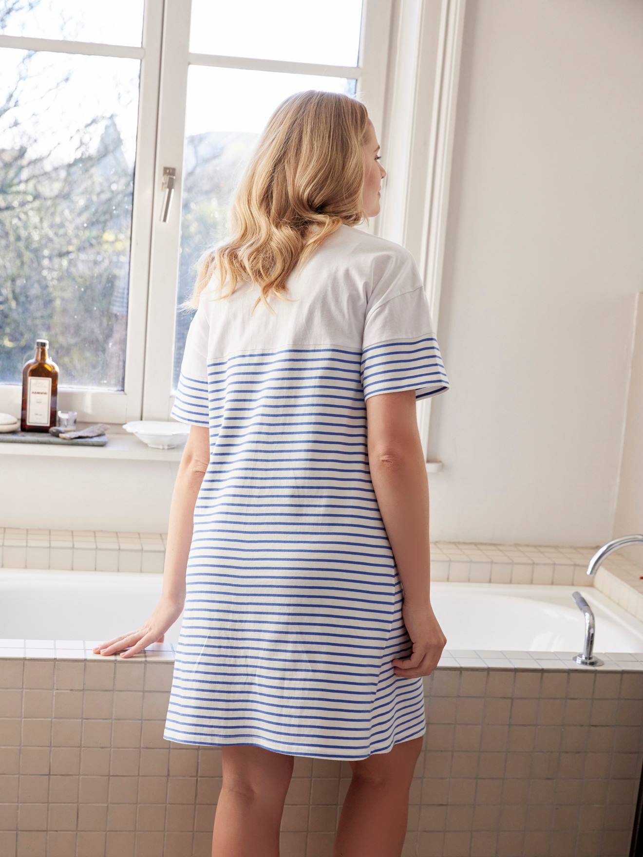 Chemise de nuit marinière de grossesse écru