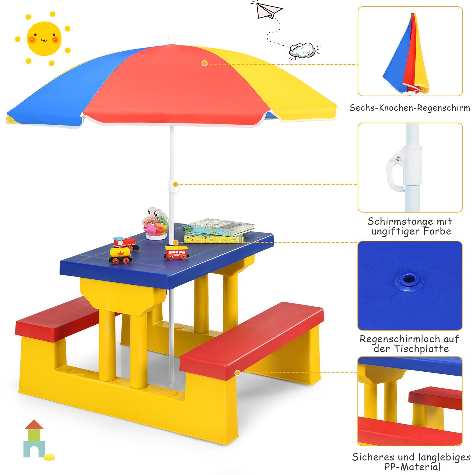 COSTWAY Kindersitzgruppe Sitzgarnitur, Kindertisch, mit Sonnenschirm