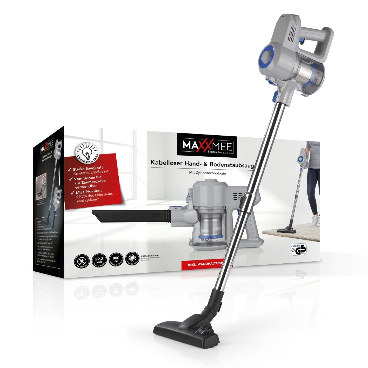MAXXMEE Zyklon Hybrid Staubsauger Akku-Zyklon-Staubsauger hellgrau/blau 120W