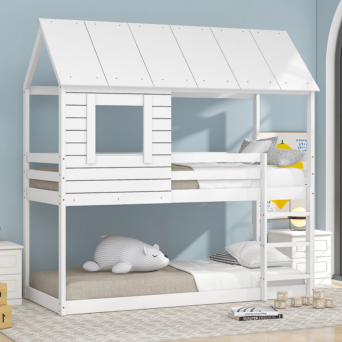 Etagenbett Kinderbett Holz Etagenbett 90 X 200 cm, Kinder hausbett mit Dach, Leiter und Lattenrost