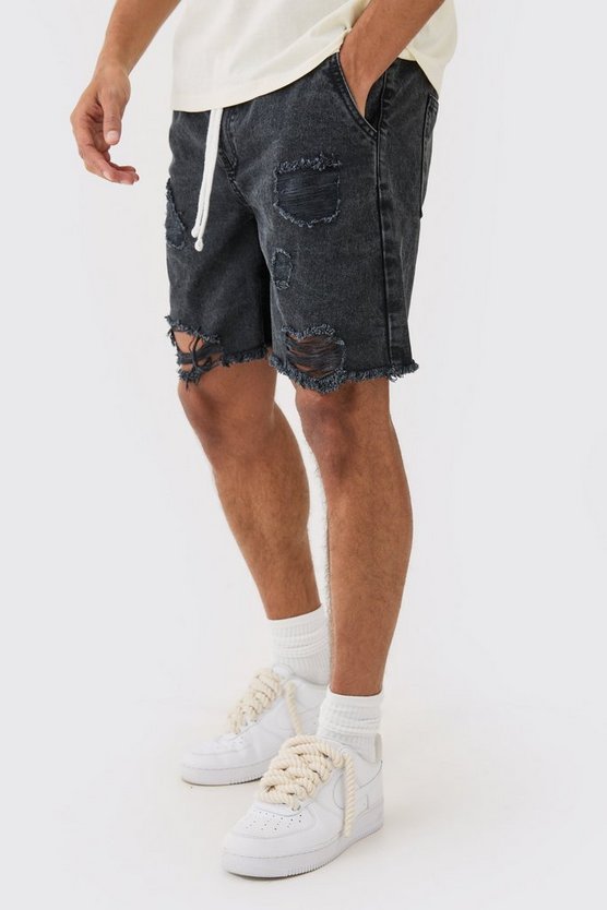 Lockere zerrissene Jeansshorts mit elastischem Bund in gewaschenem Schwarz