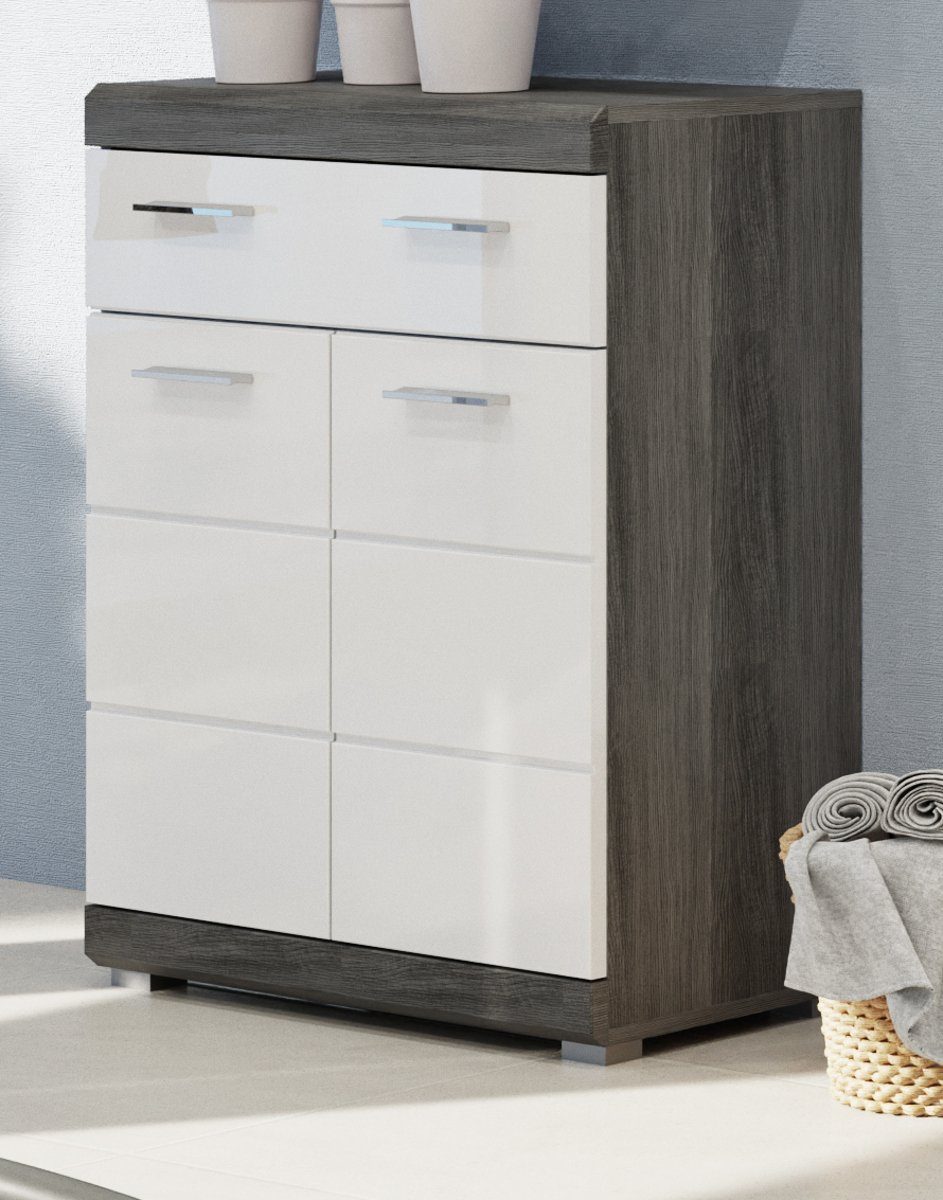 xonox.home Kommode Scout (Badschrank weiß und grau Rauchsilber, mit Auszug), 2-türig, Hochglanz