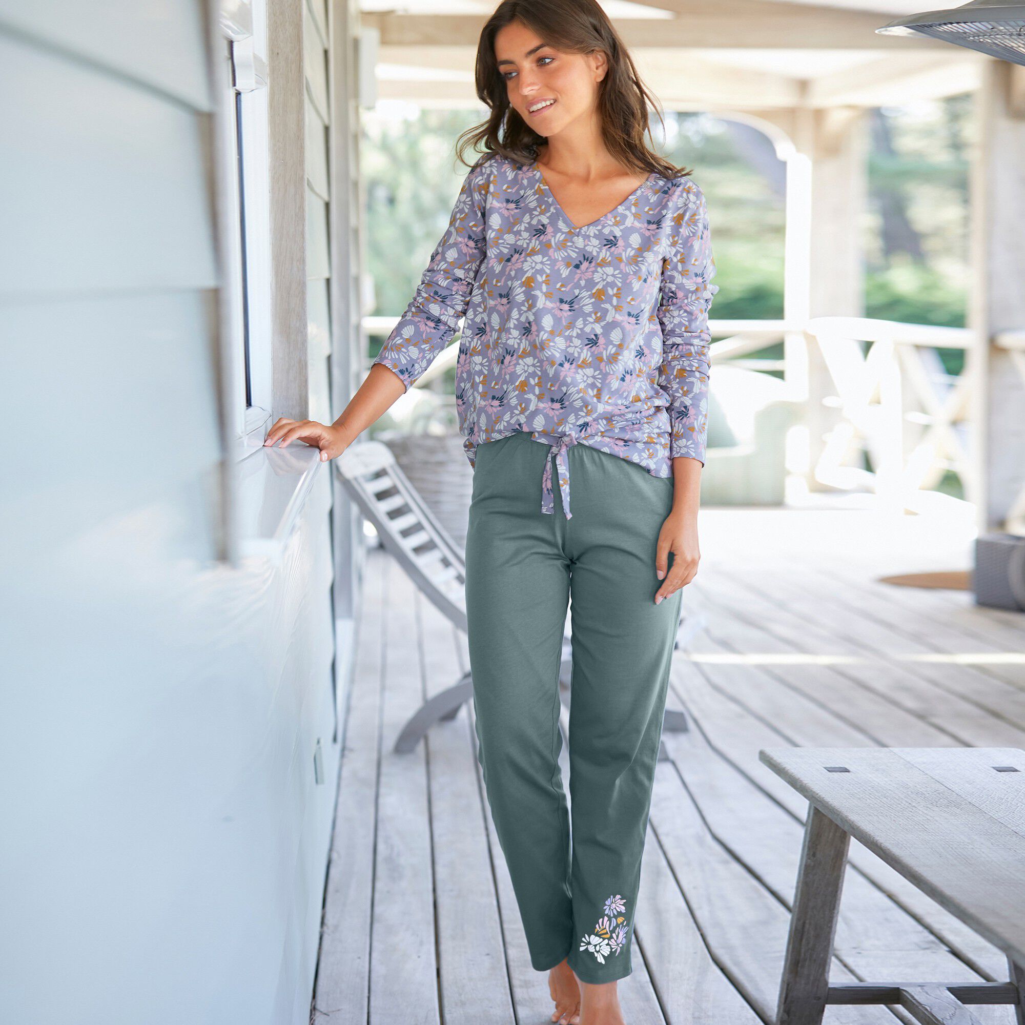 Pantalon pyjama coton imprimé placé 