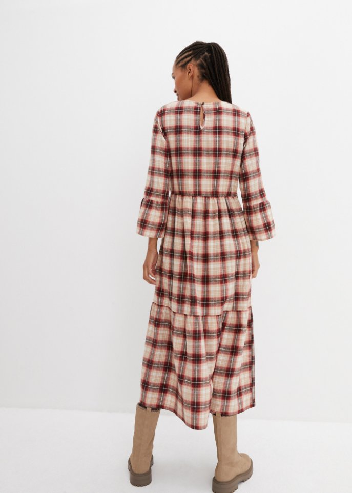 Ausgestelltes Midi-Kleid aus Flanell mit Volants