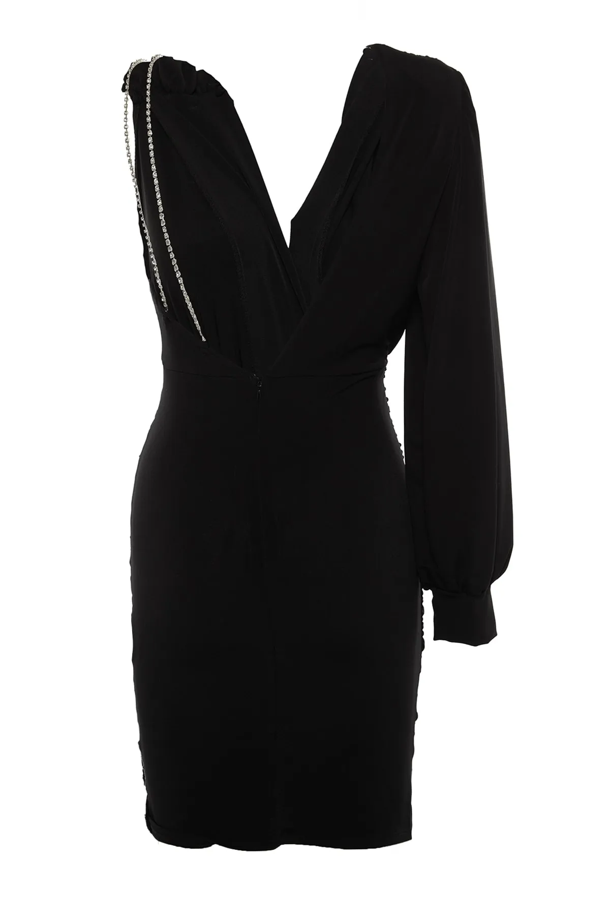 Trendyol Collection  Stilvolles Abendkleid aus schwarzem Strick mit glänzendem Stein TPRSS22EL0451