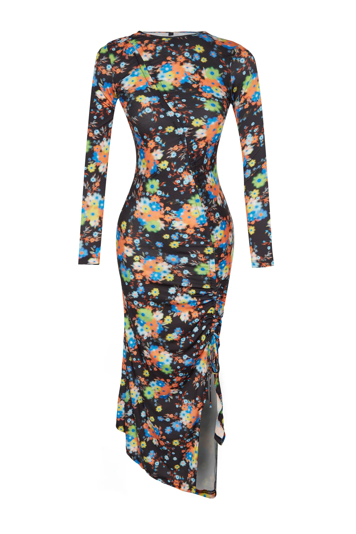 Trendyol Collection  Mehrfarbig bedrucktes, tailliertes, gerafftes, dehnbares Maxi-Strickkleid in limitierter Auflage TWOAW24EL00719