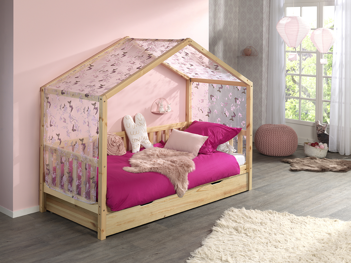 VIPACK Dallas 1 Hausbett mit seitlicher Umrandung 90 x 200 cm Liegefläche, Bettschublade und Textilhimmel, Natur