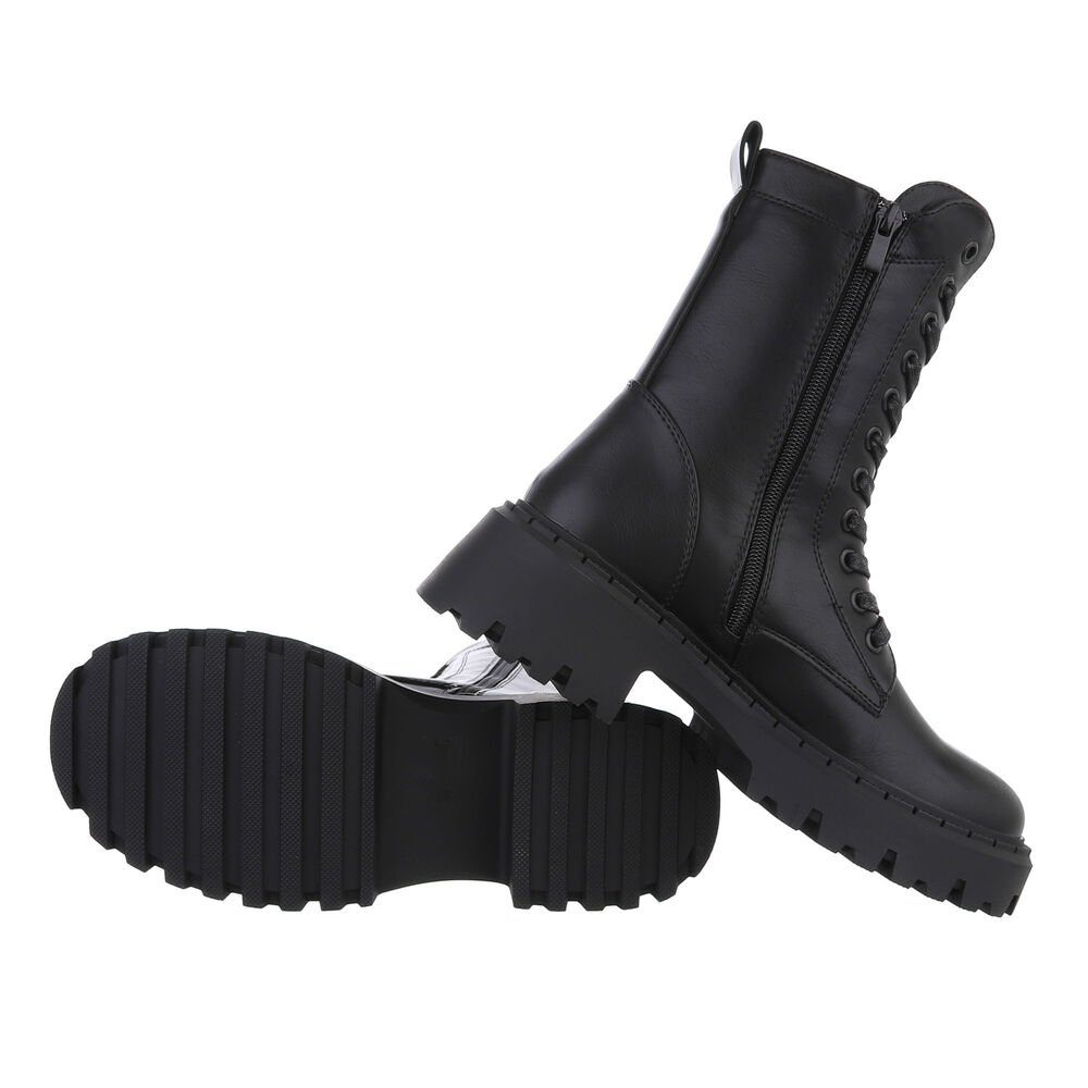 Ital-Design Damen Schnürschuhe Freizeit Schnürstiefelette Blockabsatz Plateaustiefeletten in Schwarz