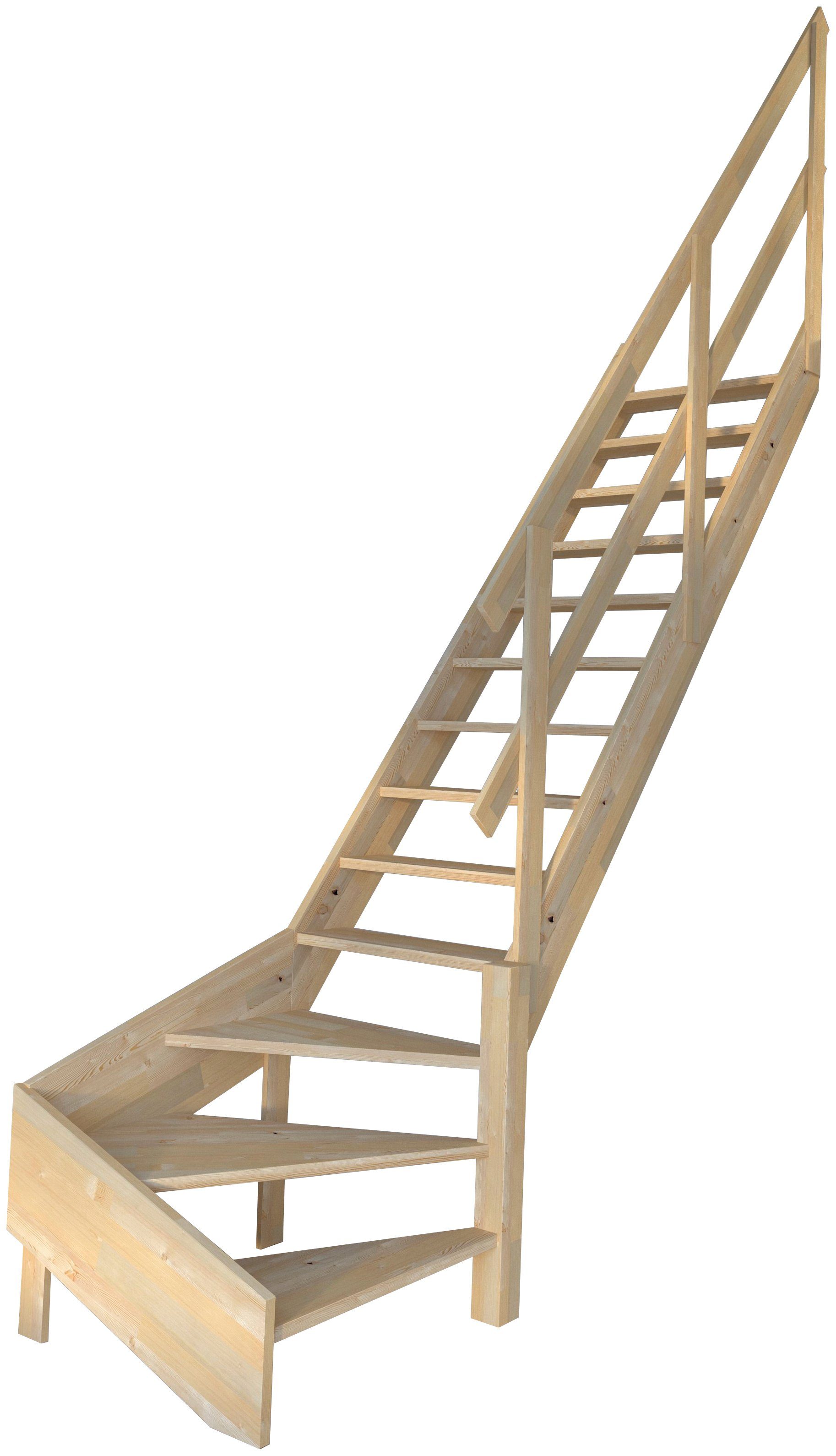 Starwood Raumspartreppe Massviholz Korfu mit Holzgeländer, für Geschosshöhen bis 300 cm, Stufen offen, gewendelt Rechts, Durchgehende Wangenteile