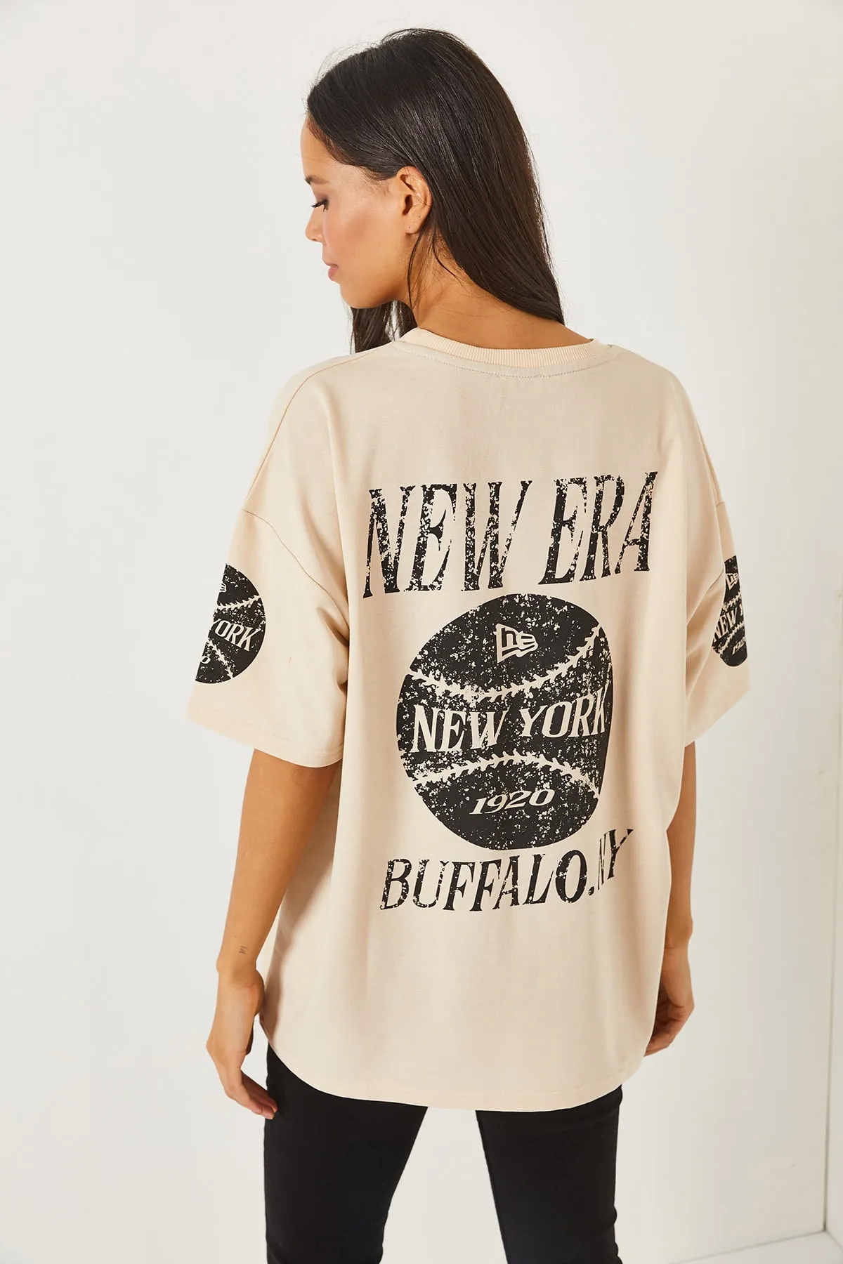 Olalook  Newyork Beige vorne und hinten bedrucktes 2-Faden-Unisex-Oversize-T-Shirt TSH-19000696