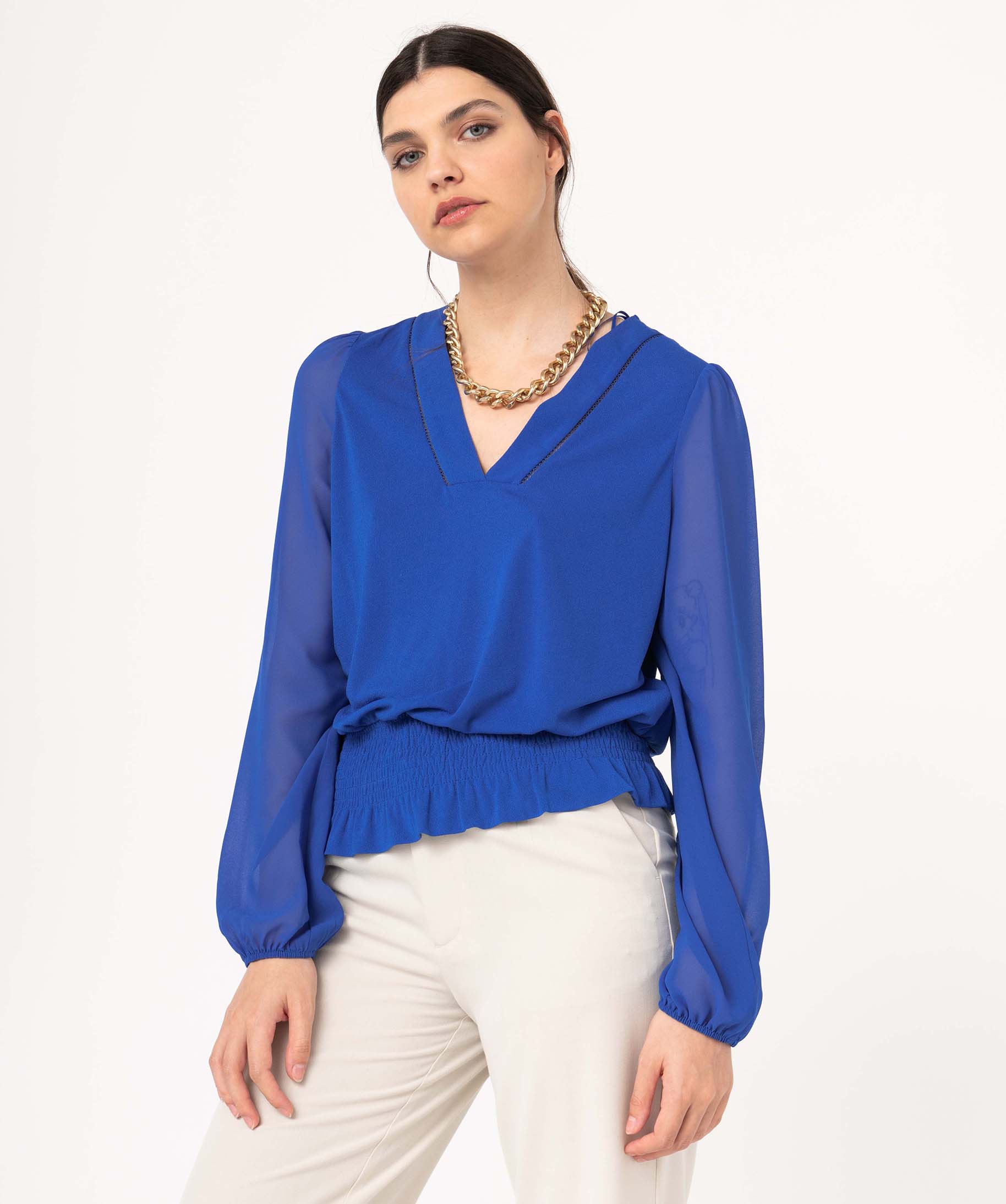 Tee-shirt fluide à manches longues en voile femme bleu | GEMO