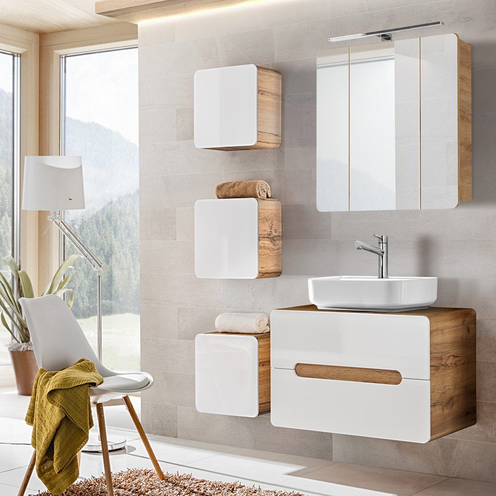 Lomadox Badmöbel-Set LUTON-56, (5-St), weiß mit Wotan Eiche Nb. mit LED-Spiegelschrank 130/200/46 cm