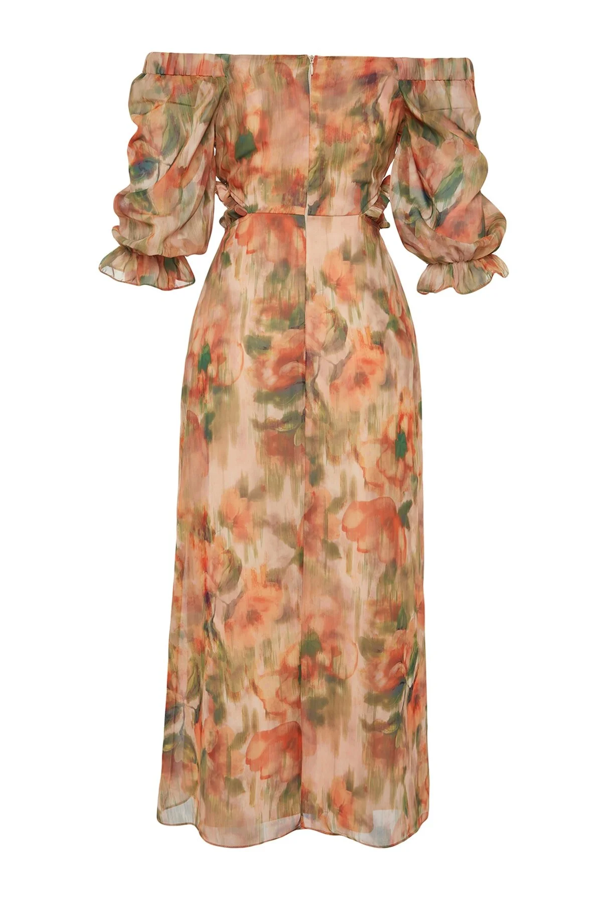 Trendyol Collection  Orangefarbenes, geblümtes A-Linien-/Glockenkleid aus Chiffon mit Carmen-Kragen, gefüttertes Maxikleid aus Webstoff TWOSS23EL02422