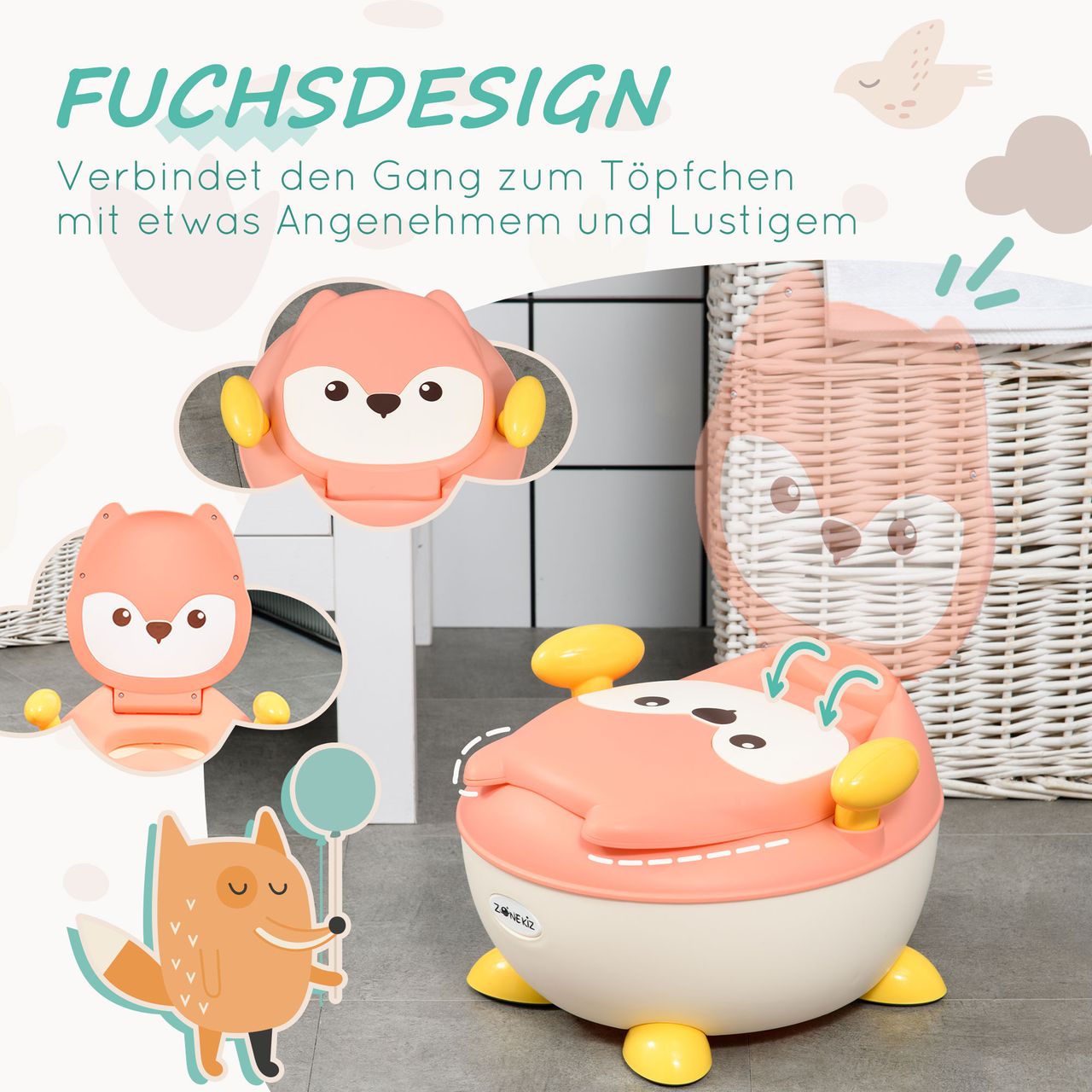 ZONEKIZ Kinder Töpfchen Kindertoilette im Fuchs-Design, Babytöpfchen mit Griff