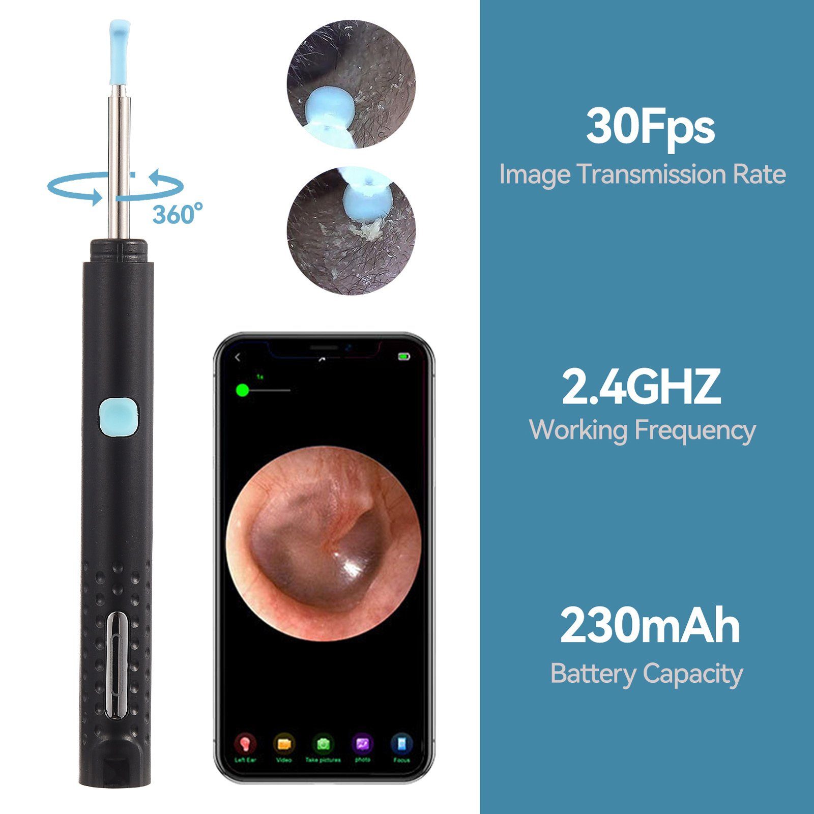 SEEZSSA Ohrenreiniger Advanced Das Ear Scoop mit WIFI Ear Scope, Ohrlöffel aus Eisen zur Reinigung von Ohrenschmal, Ohrlöffel mit 230mah Li-Ion-Akku mit Silikon-Ohrlöffel, Schwarz/Weiß
