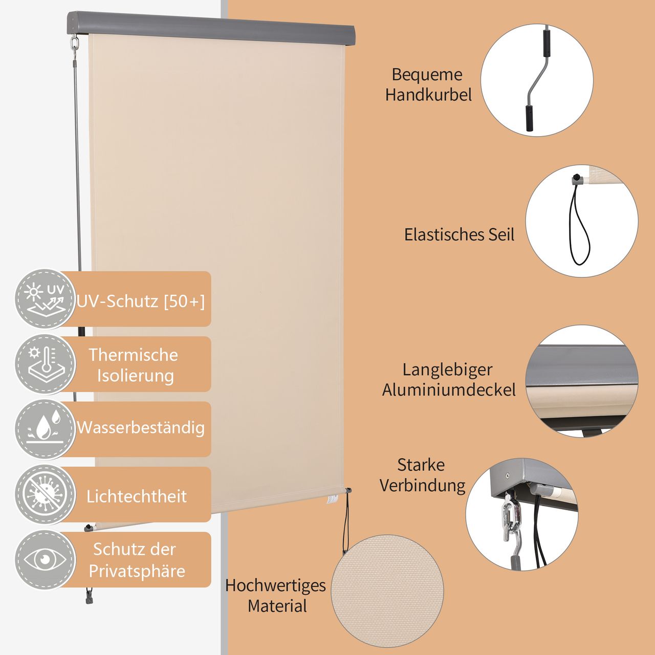 Outsunny Senkrechtmarkise Balkonmarkise Vertikalmarkise Windschutz Seitenrollo Sichtschutz mit Handkurbel Polyester Aluminium Cremeweiß 120 x 200 cm