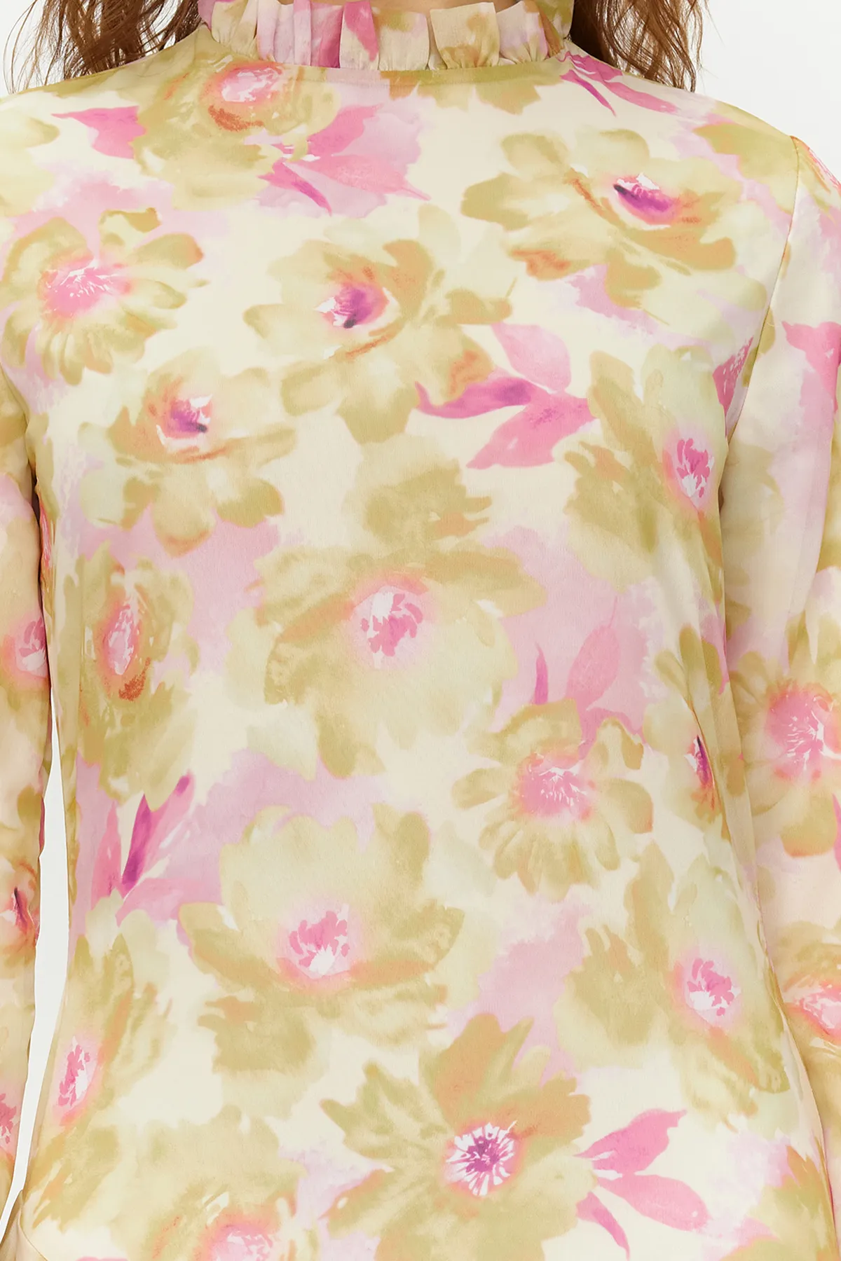 Trendyol Modest  Grüner Blumenrock, gerüschtes, gefüttertes Kleid aus gewebtem Chiffon TCTSS24EB00036