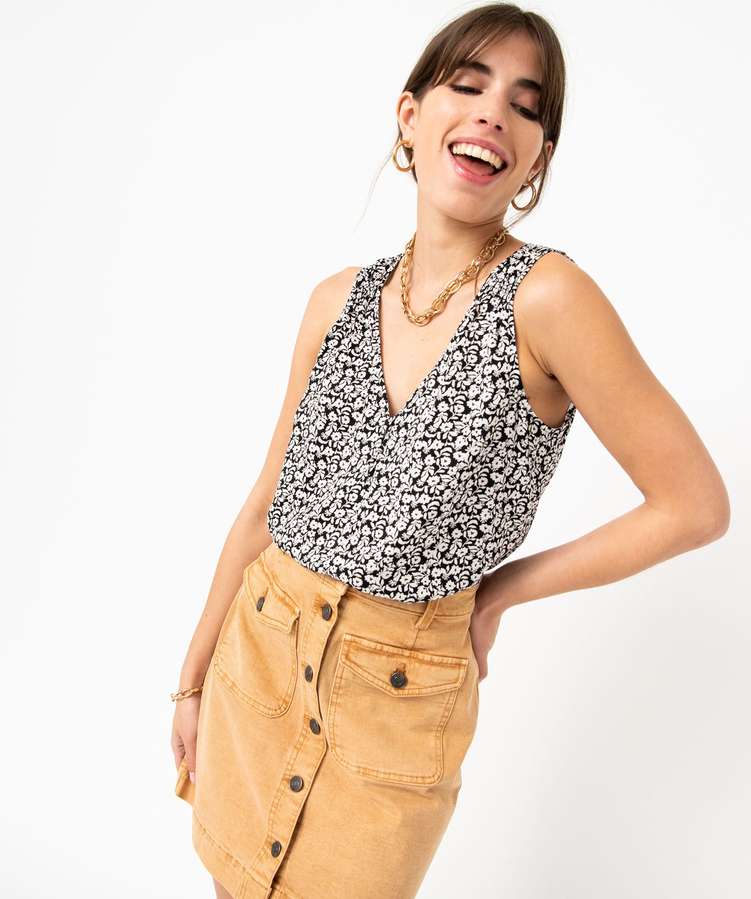 Blouse femme imprimée sans manches avec col V boutonné noir | GEMO