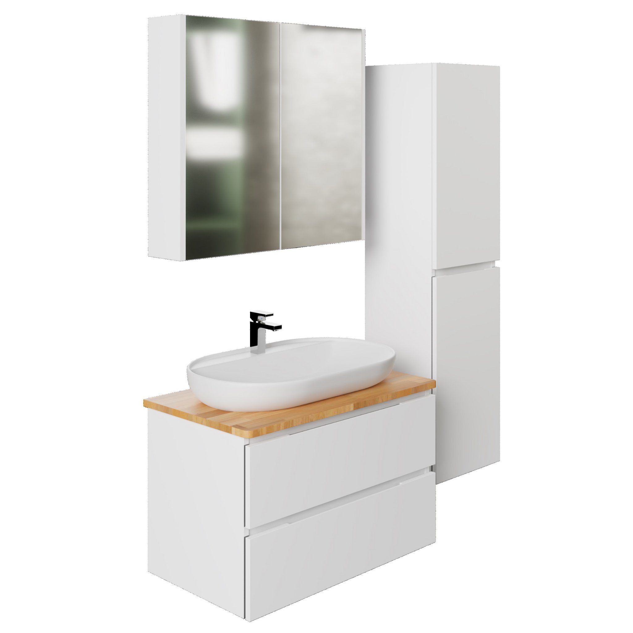 Karen Badmöbel-Set Vega mit Konsole, (Komplett-Set, Standartmäßig 4-Teilig (Unterschrank, Konsole, Spiegelschrank, Waschbecken), Optionaler Hochschrank, Unterschrank mit Schubladen, Spiegelschrank mit Türen & Regalen), Edles Design, Matt-Beschichtung