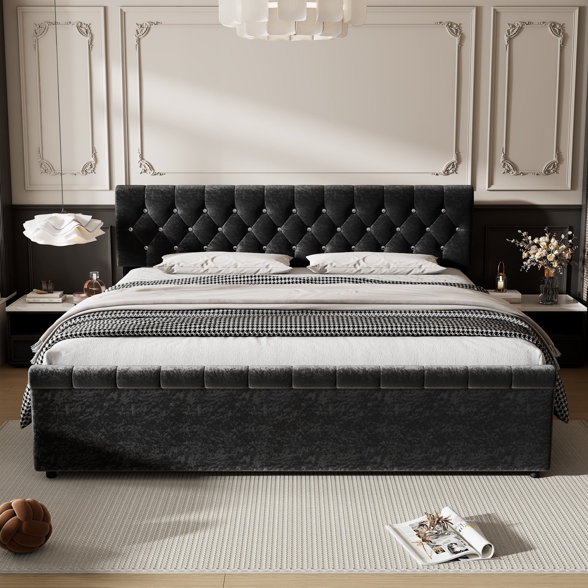 OKWISH Polsterbett Jugendzimmer (mit Lattenrost und Rückenlehne, Doppelbett mit 2 Schublade, Kopfteil mit diamantförmigen Zugpunkten Schlittenform), Einfache Montage, Schneeflocken-Vlies, schwarz