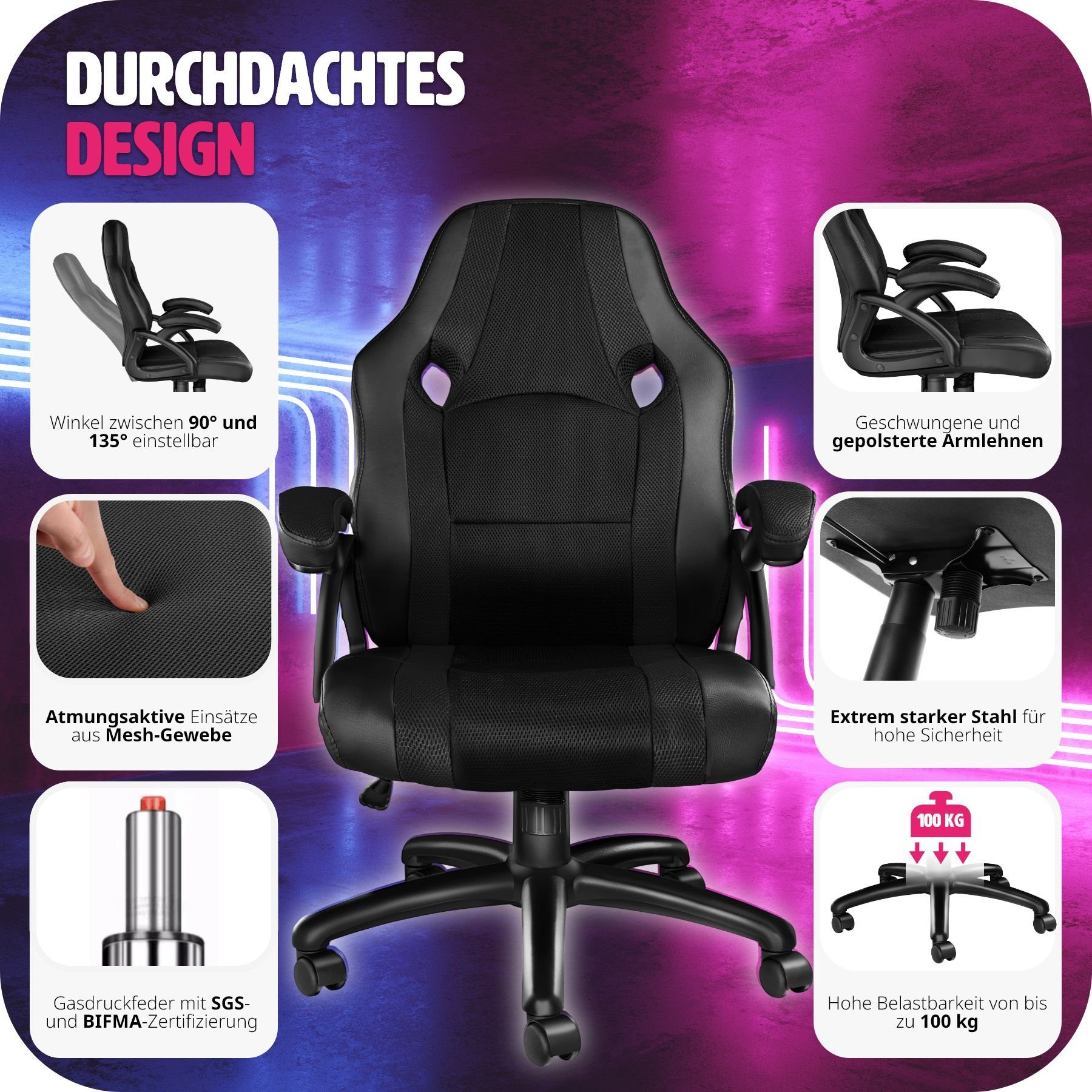 tectake Gaming-Stuhl Benny (1er, 1 St), einstellbare Wippmechanik