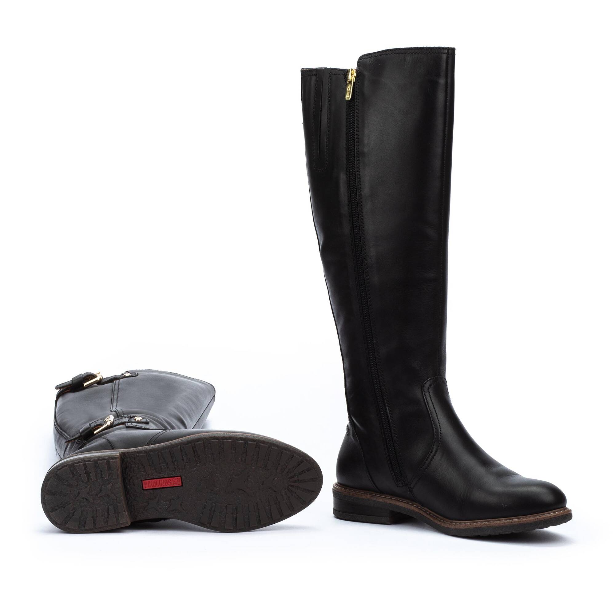 Skórzane buty z wysoką cholewką i podwójną klamrą - CZARNE