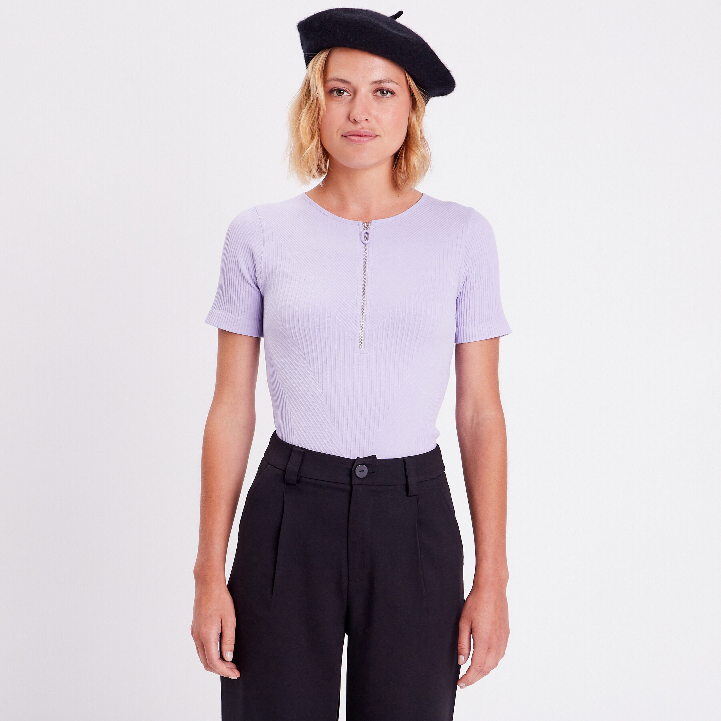 T-shirt côtelé détail zippé parme femme | Cache Cache