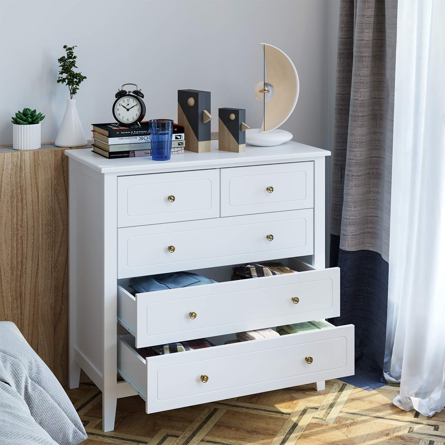 Homfa Kommode, Sideboard mit 5 Schubladen, Metallgriffe, weiß, 80x40x80cm