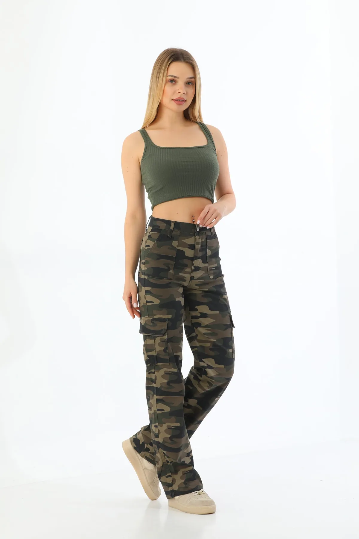 BİKELİFE  Camouflage-Hose mit weitem Bein und Cargotasche aus Lycra mit hoher Taille