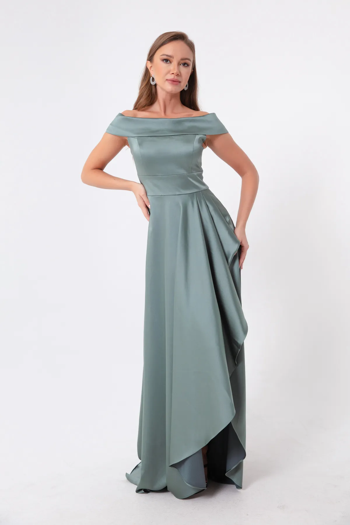 Lafaba  Türkisfarbenes Abendkleid und Abschlusskleid aus Satin für Damen mit U-Boot-Ausschnitt