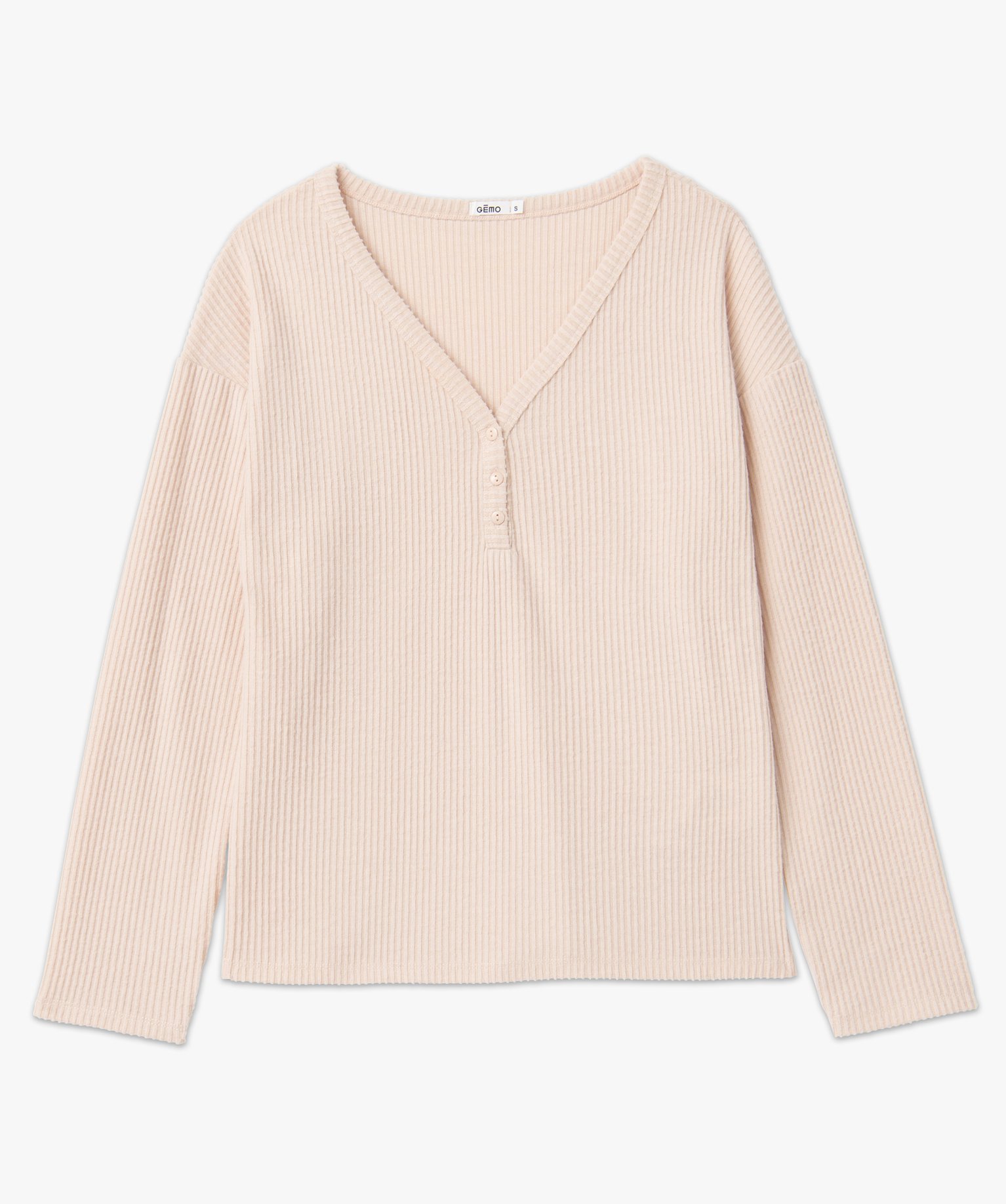 Haut de pyjama femme à manches longues en maille ctelée beige | GEMO