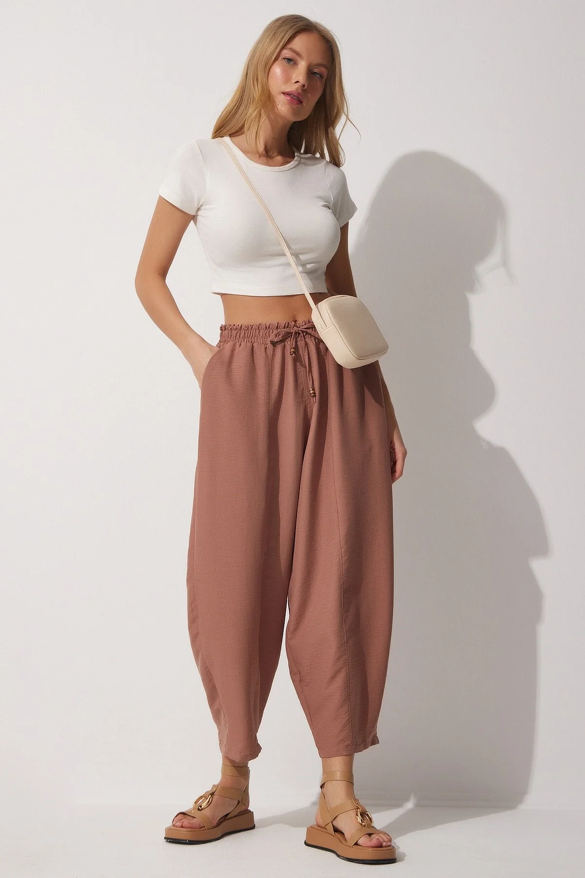 Happiness İstanbul  Damen-Shalwar-Hose aus Leinen-Viskose mit Taschen, Kakaofarben, CV00001