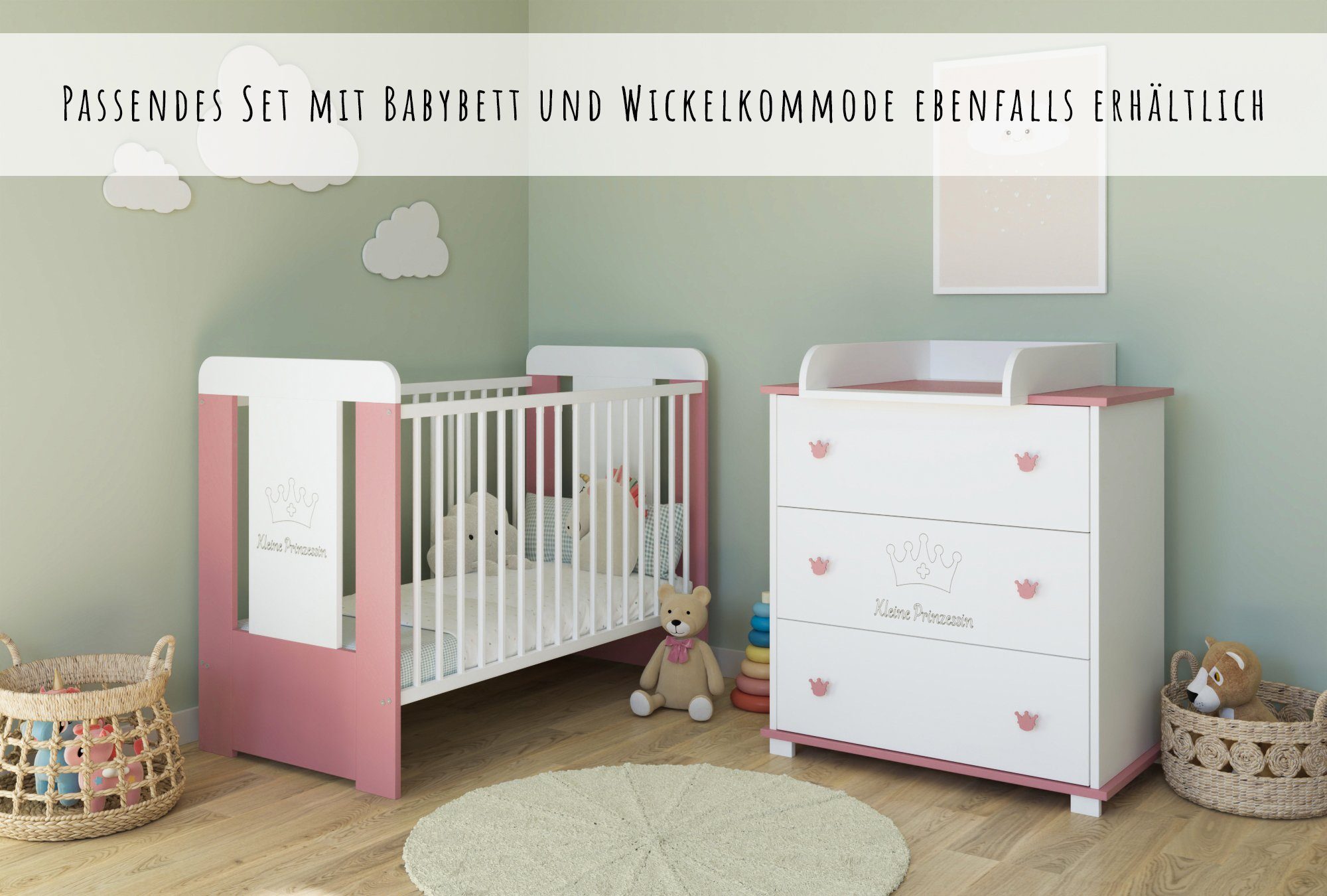 Kids Collective Wickelkommode Kommode Wickeltisch mit Wickelaufsatz mit 3 Schubladen, Kleine Prinzessin Gravur in weiss pink Mädchen Made in Europe
