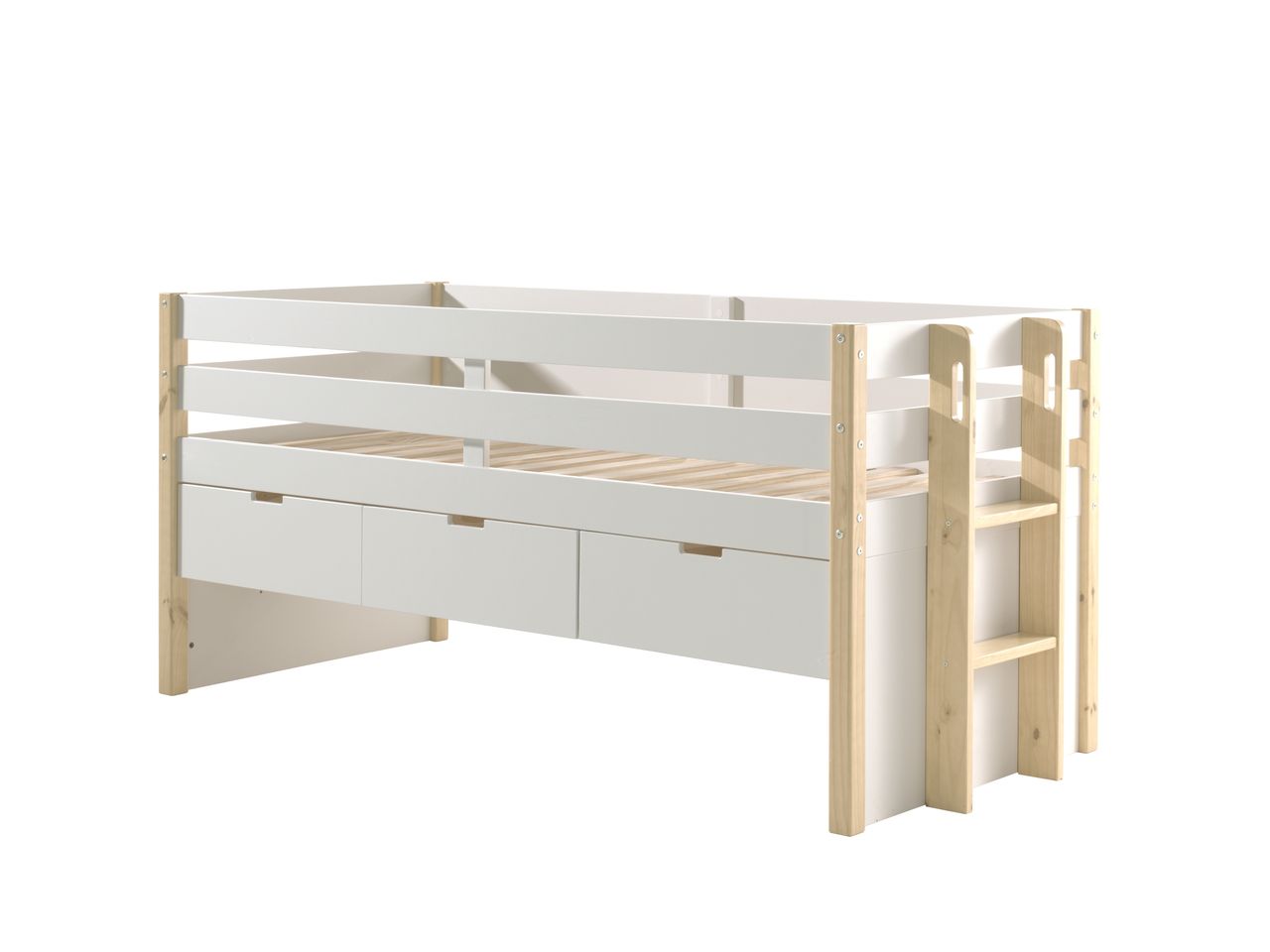 VIPACK Halbhohes Margrit Bett mit Rolllattenrost, Liegefläche 90 x 200, inkl. 3 Schubladen, Ausf. Weiß lackiert, Bettpfosten Kiefer natur lackiert