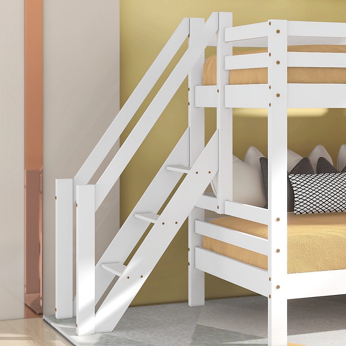 Etagenbett mit Handlauf und Fenster, Hausbett, Fallschutz und Gitter, Kiefer