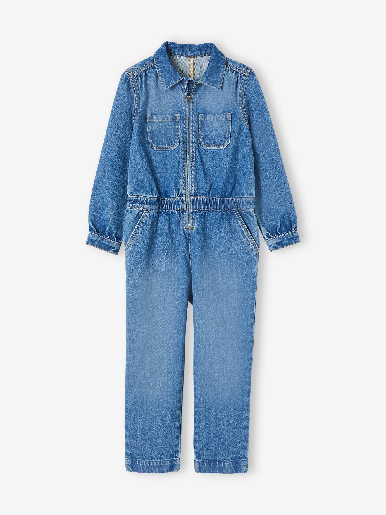 Vertbaudet Mädchen Denim-Jumpsuit, Worker-Style - blue stone