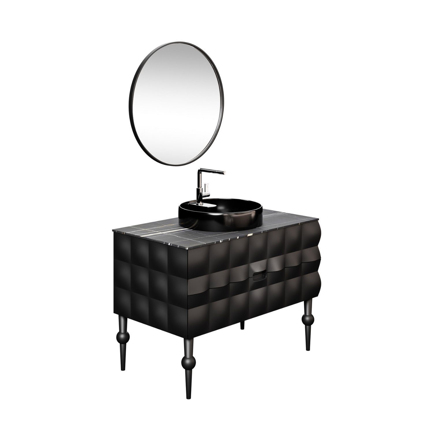 Karen Badmöbel-Set Onyx, (Komplett-Set, 4-Teilig (Unterschrank, Konsole, Spiegel, Waschbecken), Unterschrank mit Schubladen und Konsole), Extravagantes Design, Acryl-Beschichtung, Softclose, Griffmulden