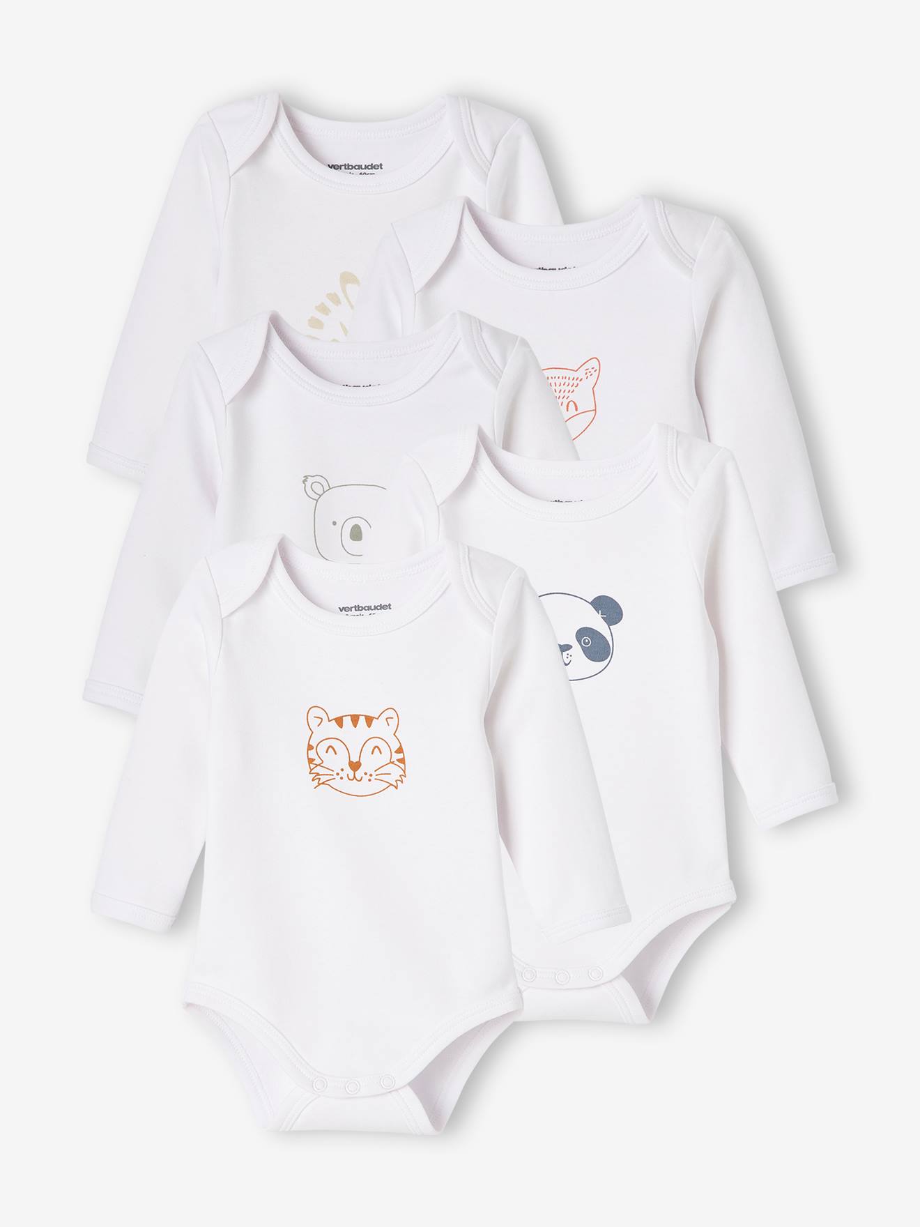 Lot de 5 bodies « animaux » bébé naissance ouverture US manches longues BASICS lot ivoire