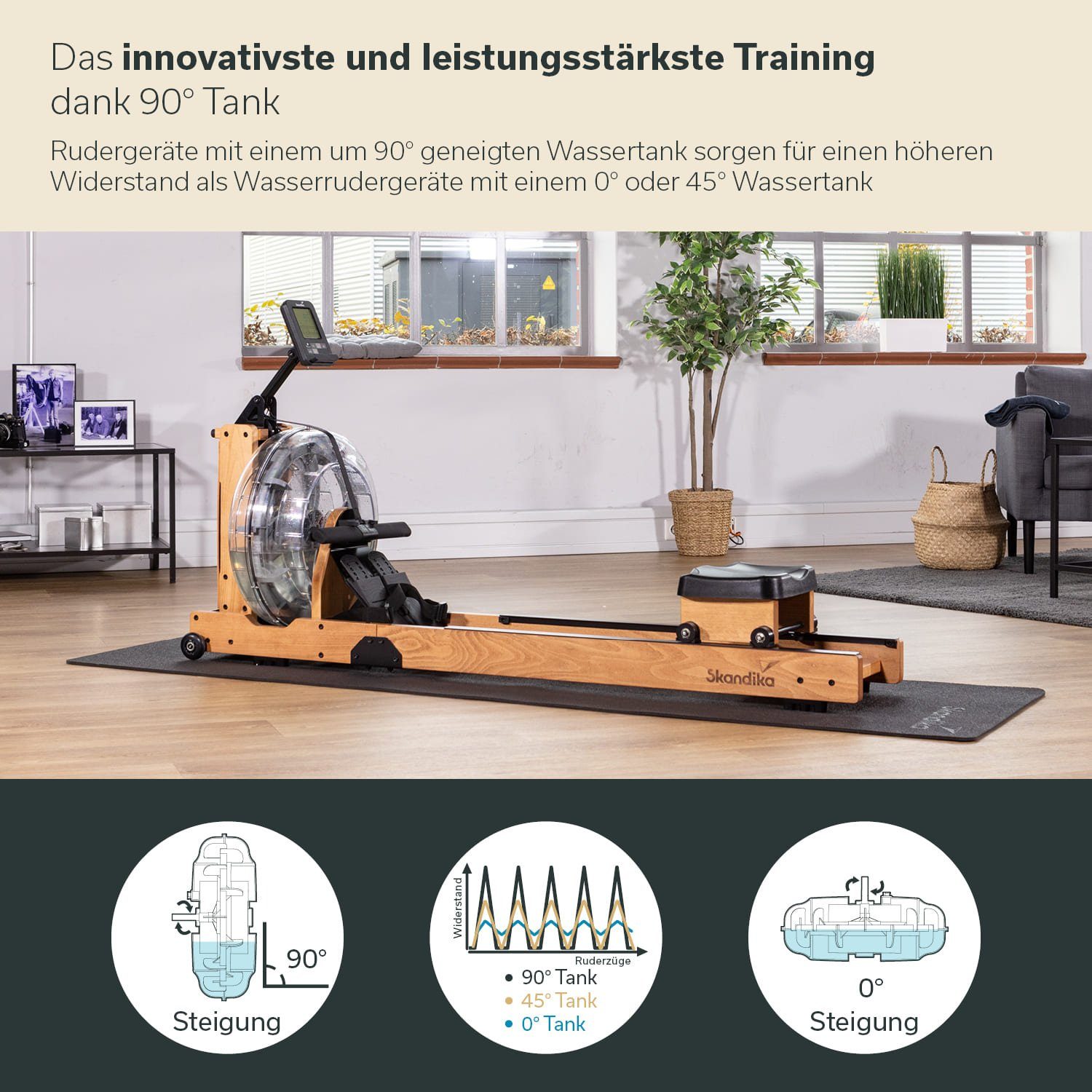Skandika Rudergerät Lykke Wasserrudergerät, 90° Tank, Holz Rudergerät, Kinomap App kompatibel, massives Buchenholz