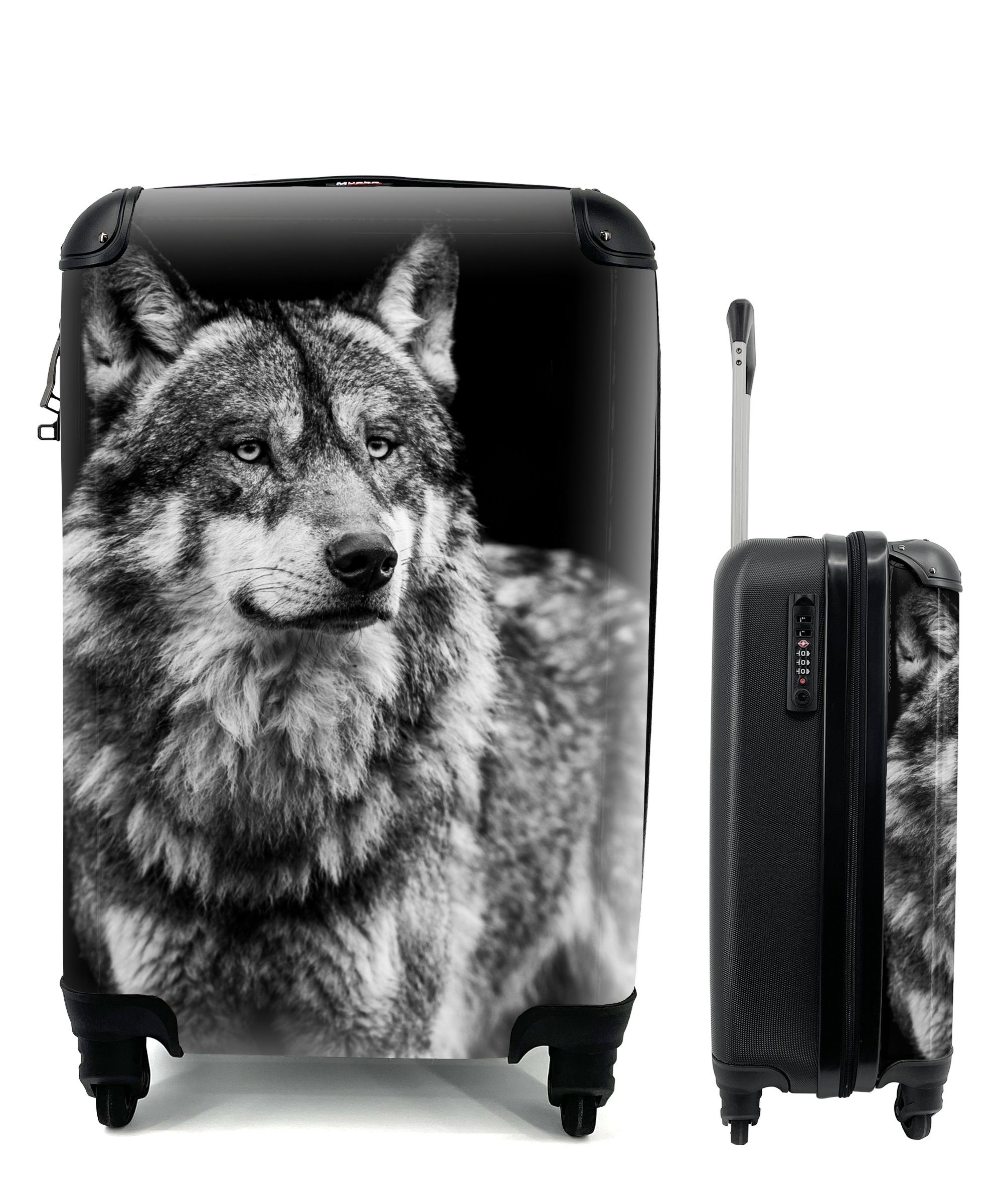 MuchoWow Handgepäckkoffer Wolf - Tiere - Wild - Schwarz - Weiß, 4 Rollen, Reisetasche mit rollen, Handgepäck für Ferien, Trolley, Reisekoffer
