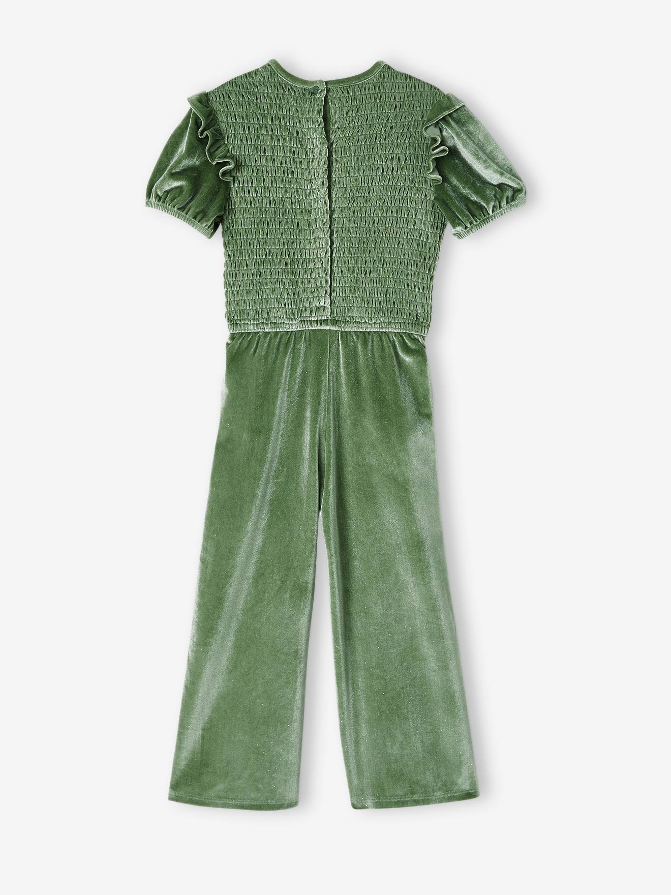 Vertbaudet Gesmokter Mädchen Jumpsuit, Glitzersamt - grün