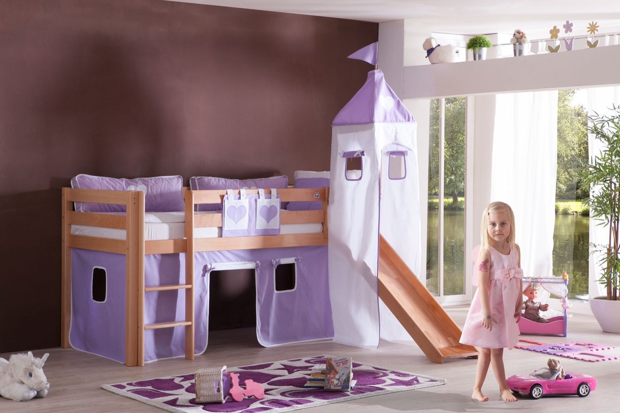 Relita Halbhohes Spielbett ALEX mit Rutsche/Turm Buche massiv natur lackiert mit Stoffset purple/weiß