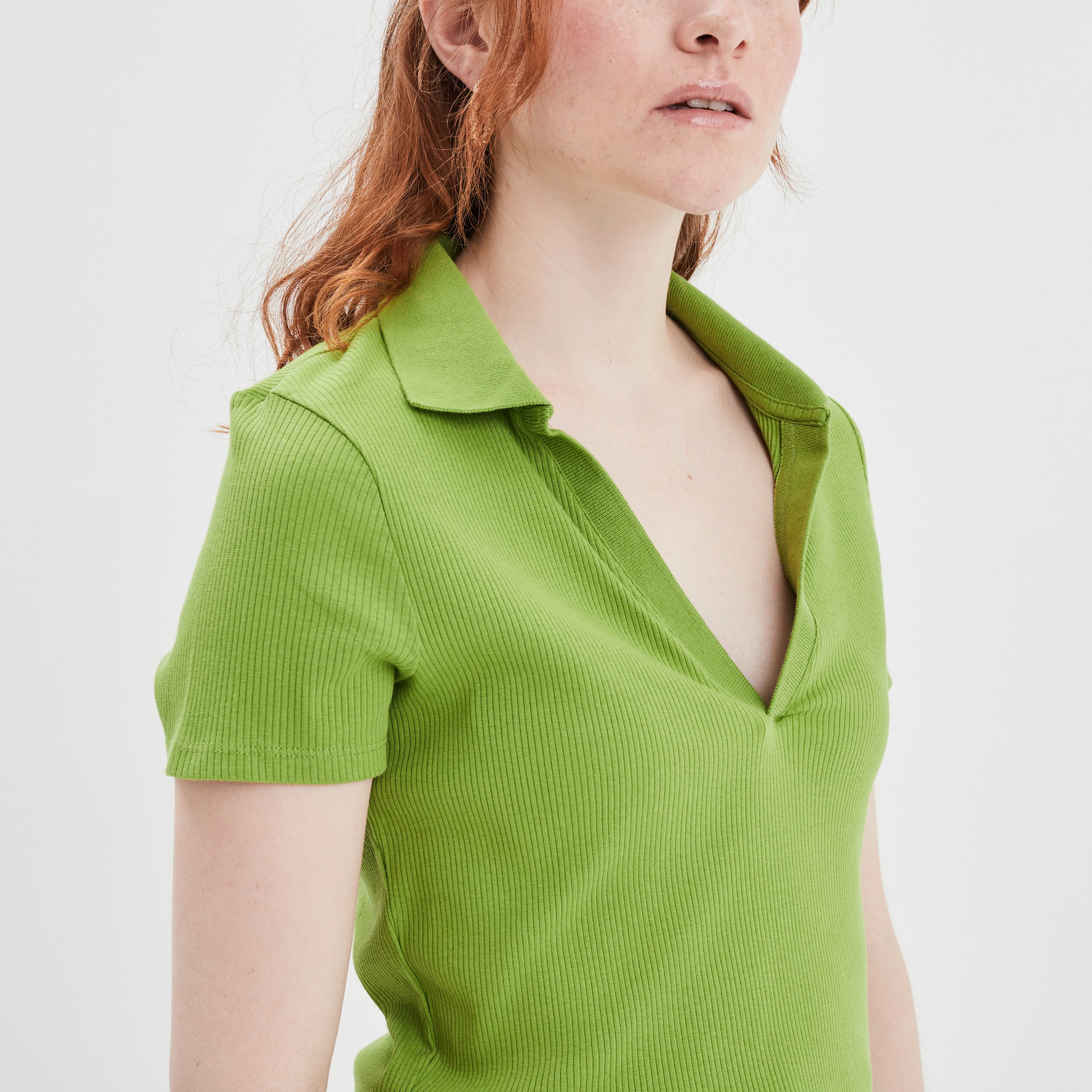 T-shirt court côtelé col polo coton vert femme | La Halle