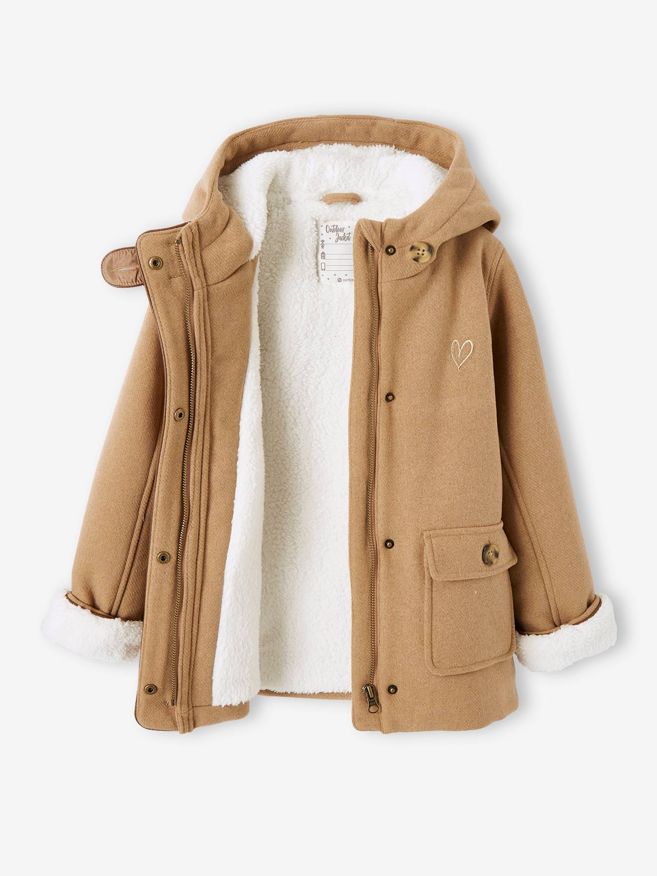 Manteau à capuche en drap de laine fille doublé sherpa chamois