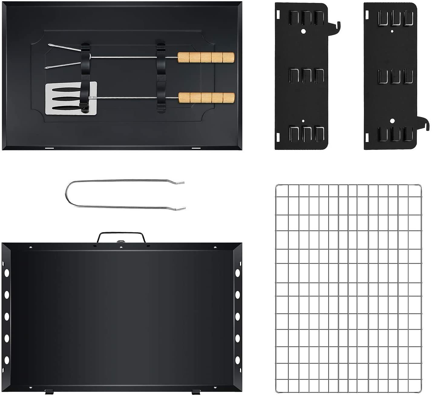 SunJas Holzkohlegrill CA-07, Tragbare Grill, 2tlg Grillbesteck, BxTxH: 42 x 27 x 29 cm Metal-Campinggrill, Holzkohle Klappgrill mit Deckel, Kohle BBQ Barbeque Camping Picknickgrill, Terrasse Tragbar Grill, Garten Tischgrill