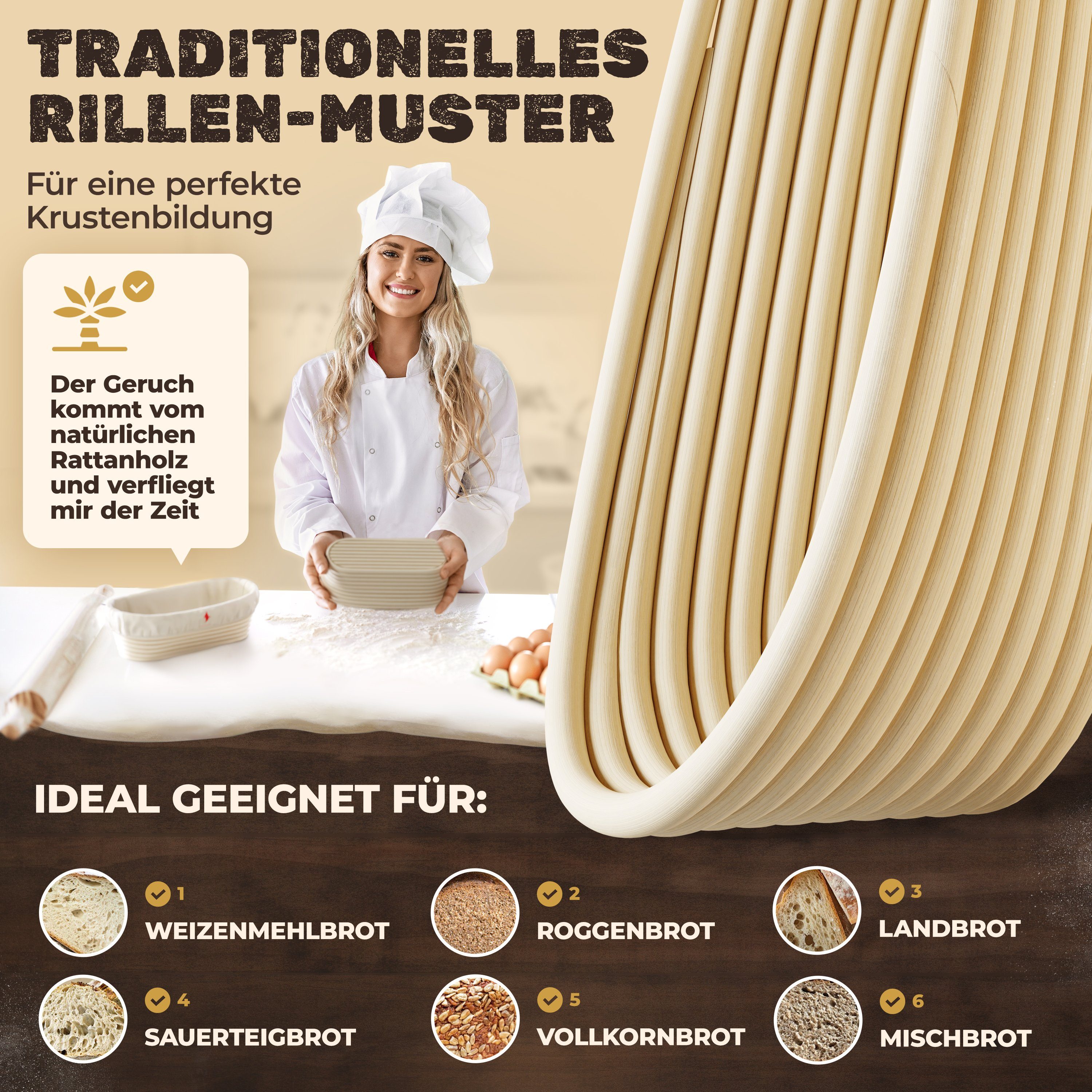 Funkenflug Gärkorb Funkenflug® Premium Gärkorb - zum Brot backen, (Funkenflug Gärkorb Set 3-tlg), 100% natürliches Rattan
