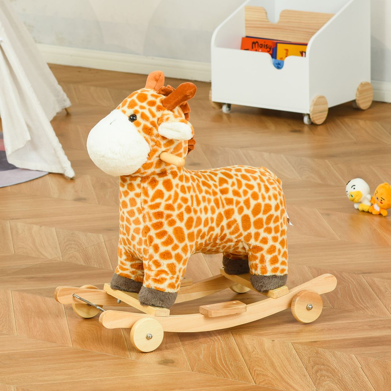 HOMCOM 2-IN-1 Schaukelpferd mit Räder Plüsch Schaukeltier Babyschaukel Spielzeug für 36-72 Monaten Giraffen-Design Gelb 63 x 38 x 63 cm